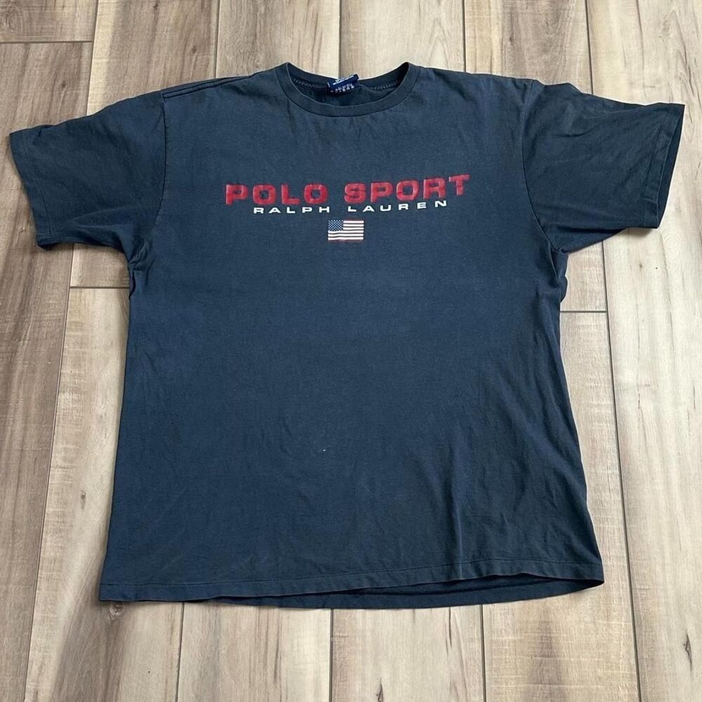 Vintage 90s Polo Sport Ralph Lauren Flag T-Shirt Navy Large USA